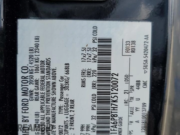 2019 Ford Mustang EcoBoost with VIN 1FA6P8TH7K5120072, listed as a Copart auction lot 63088015 with 88,618 mi miles and Salvage title. Bid and sale history available at DreamBid. Image 12.