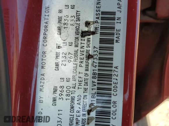 2011 Mazda 3 i Touring z VIN JM1BL1VF8B1473337, wystawiony jako Copart lot #56405565 z przebiegiem Nie podano mil oraz Szkoda całkowita • Salvage title. Historia ofert i sprzedaży dostępna na DreamBid. Obrazek 13.