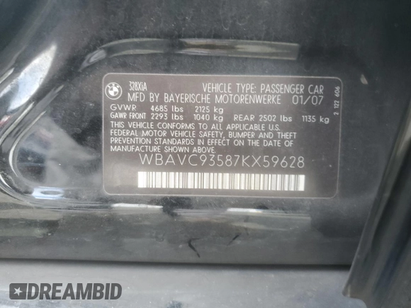 2007 BMW 3 Series 328xi with VIN WBAVC93587KX59628, listed as a Copart auction lot 60753115 with 161,868 mi miles and Salvage title. Bid and sale history available at DreamBid. Image 12.
