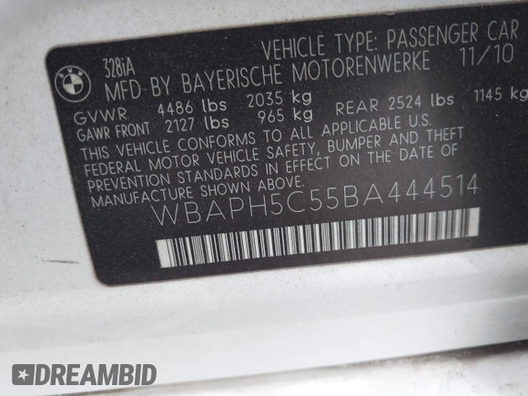2011 BMW 3 Series 328i with VIN WBAPH5C55BA444514, listed as a IAAI auction lot 42127810 with 148,622 mi miles and . Bid and sale history available at carsss.com. Image 9.