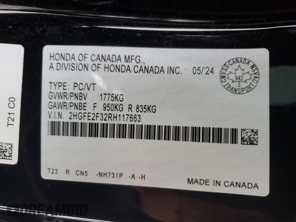 2024 Honda Civic Sedan EX with VIN 2HGFE2F32RH117663, listed as a Copart auction lot 86250814 with 12,043 mi miles and Salvage Title. Bid and sale history available at carsss.com. Image 12.