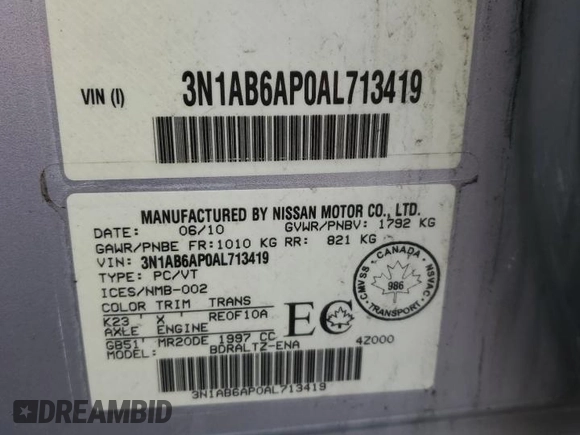 2010 Nissan Sentra SR with VIN 3N1AB6AP0AL713419, listed as a Copart auction lot 50306885 with 171,132 mi miles and Clean Title. Bid and sale history available at DreamBid. Image 13.