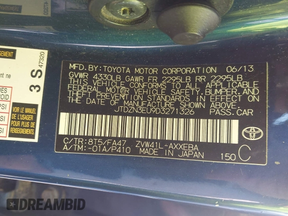 2013 Toyota Prius Two with VIN JTDZN3EU9D3271326, listed as a IAAI auction lot 42115506 with 185,846 mi miles and . Bid and sale history available at carsss.com. Image 9.