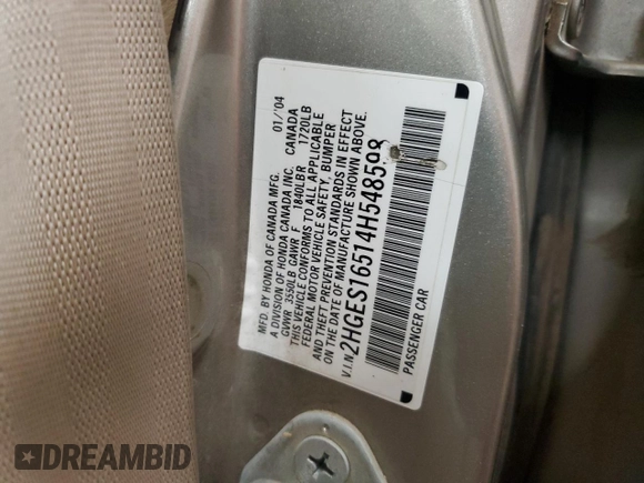2004 Honda Civic LX with VIN 2HGES16514H548598, listed as a Copart auction lot 53430835 with 207,102 mi miles and Salvage Title. Bid and sale history available at carsss.com. Image 14.