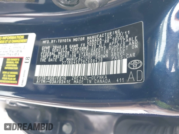 2011 Toyota Corolla L with VIN 2T1BU4EE2BC688438, listed as a IAAI auction lot 41591906 with 37,243 mi miles. Bid and sale history available at carsss.com. Image 9.