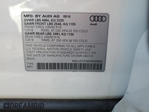 2017 Audi Q3 Premium Plus z VIN WA1JCCFS8HR006944, wystawiony jako Copart lot #41861405 z przebiegiem 90 235 mil mil oraz Szkody całkowita. Historia ofert i sprzedaży dostępna na DreamBid. Obrazek 13.