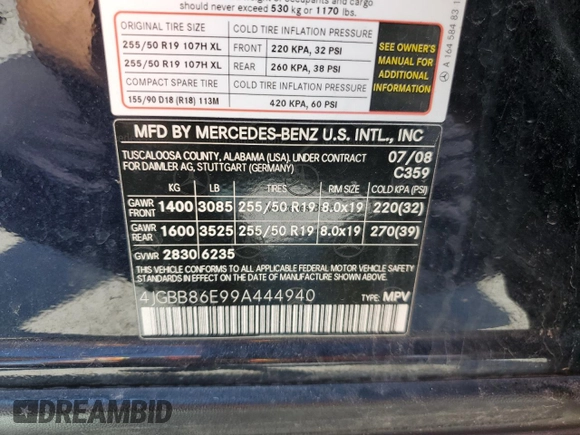 2009 Mercedes-Benz M 350 with VIN 4JGBB86E99A444940, listed as a Copart auction lot 56407335 with 168,156 mi miles and Clean Title. Bid and sale history available at DreamBid. Image 13.