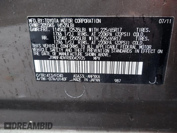 2011 Toyota RAV4 with VIN JTMBF4DVXBD042935, listed as a Copart auction lot 52228705 with 94,849 mi miles and Salvage Title. Bid and sale history available at carsss.com. Image 15.