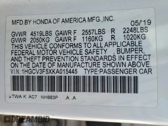 2019 Honda Accord EX-L with VIN 1HGCV3F5XKA015445, listed as a Copart auction lot 54978575 with 68,200 mi miles and Salvage title. Bid and sale history available at DreamBid. Image 12.