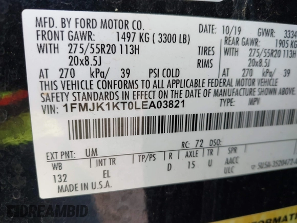 2020 Ford Expedition Max Limited z VIN 1FMJK1KT0LEA03821, wystawiony jako IAAI lot #41965288 z przebiegiem 98 751 mil mil oraz . Historia ofert i sprzedaży dostępna na DreamBid. Obrazek 9.
