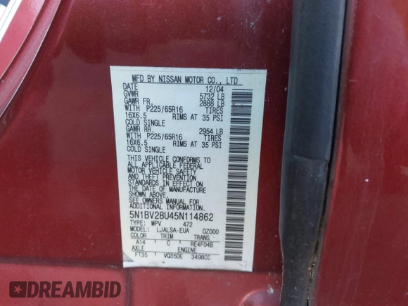 2005 Nissan Quest SE with VIN 5N1BV28U45N114862, listed as a IAAI auction lot 41763820 with 208,966 mi miles. Bid and sale history available at carsss.com. Image 9.