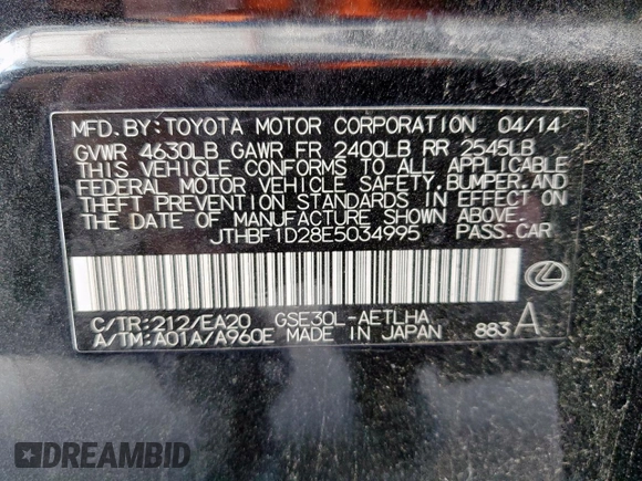 2014 Lexus IS 250 with VIN JTHBF1D28E5034995, listed as a Copart auction lot 61871785 with 139,544 mi miles and Clean title. Bid and sale history available at DreamBid. Image 13.