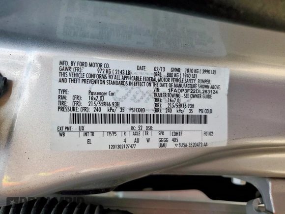 2013 Ford Focus SE with VIN 1FADP3F22DL263124, listed as a Copart auction lot 61583795 with 133,522 mi miles and Salvage title. Bid and sale history available at DreamBid. Image 12.