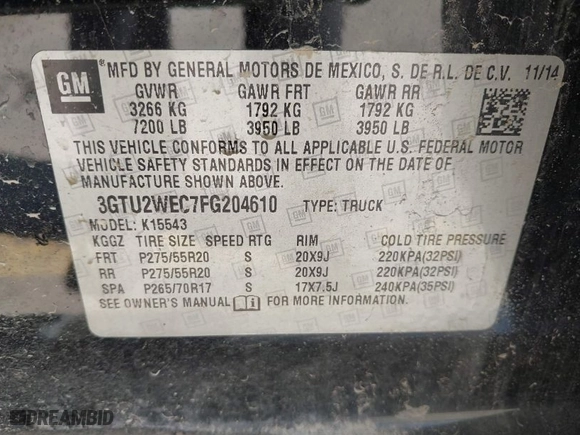 2015 GMC Sierra 1500 Denali with VIN 3GTU2WEC7FG204610, listed as a IAAI auction lot 41730939 with 130,620 mi miles. Bid and sale history available at carsss.com. Image 9.