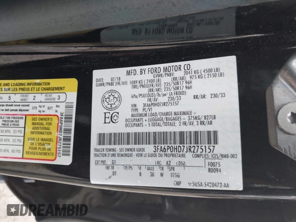 2018 Ford Fusion SE with VIN 3FA6P0HD7JR275157, listed as a IAAI auction lot 41961008 with 120,111 mi miles. Bid and sale history available at carsss.com. Image 9.