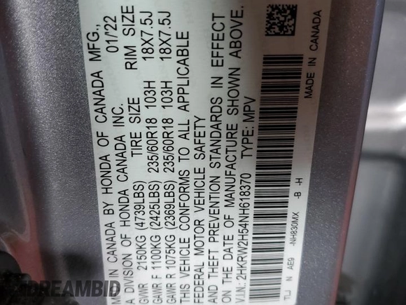 2022 Honda CR-V EX z VIN 2HKRW2H54NH618370, wystawiony jako Copart lot #55121265 z przebiegiem 97 231 mil mil oraz Szkoda całkowita • Salvage title. Historia ofert i sprzedaży dostępna na DreamBid. Obrazek 13.