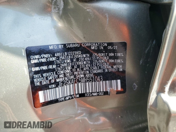2021 Subaru Forester Premium с VIN JF2SKAFC5MH551043, выставлен на аукционе Copart как лот 61952115 с пробегом 26 809 миль миль и Списание • Salvage title. История ставок и продаж доступна на DreamBid. Изображение 13.