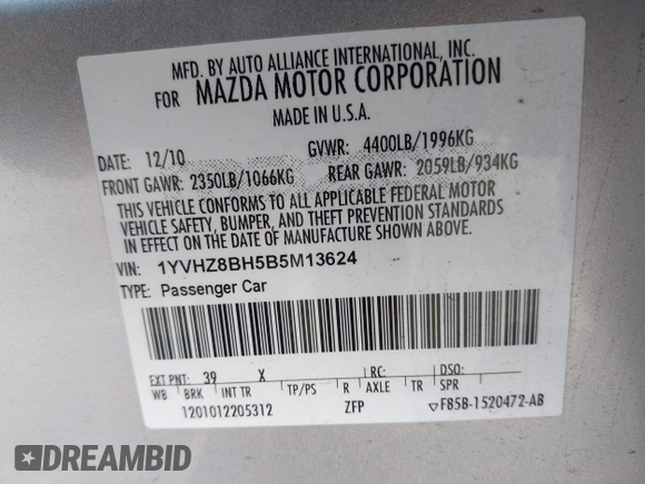 2011 Mazda Mazda6 i Sport with VIN 1YVHZ8BH5B5M13624, listed as a IAAI auction lot 40904715 with 76,797 mi miles. Bid and sale history available at carsss.com. Image 9.