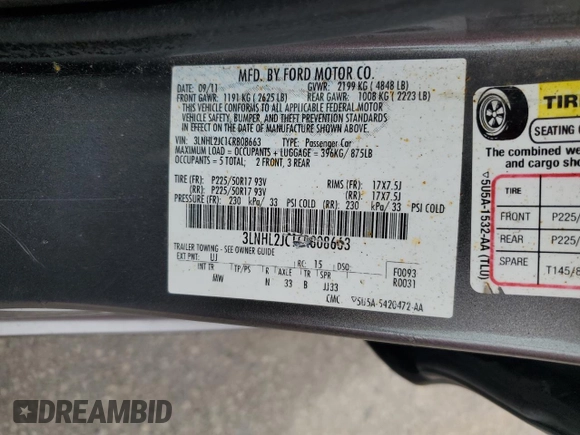 2012 Lincoln MKZ with VIN 3LNHL2JC1CR808663, listed as a Copart auction lot 61001675 with 153,627 mi miles and Salvage title. Bid and sale history available at DreamBid. Image 12.