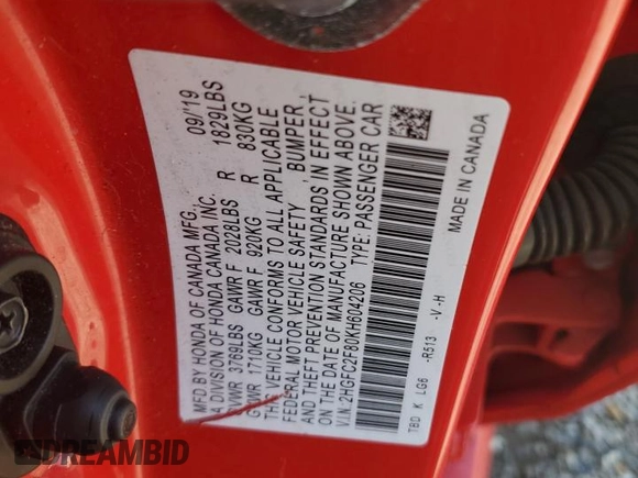 2019 Honda Civic Sedan Sport with VIN 2HGFC2F80KH604206, listed as a Copart auction lot 51658615 with 75,195 mi miles and Salvage Title. Bid and sale history available at carsss.com. Image 14.