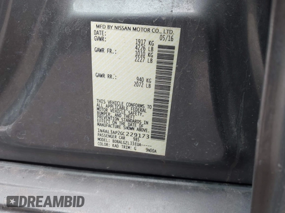 2016 Nissan Altima SR with VIN 1N4AL3AP2GC229173, listed as a IAAI auction lot 41655585 with 109,895 mi miles and . Bid and sale history available at carsss.com. Image 9.