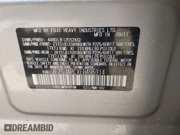 2014 Subaru Forester 2.5i Touring with VIN JF2SJAPCXEH495314, listed as a IAAI auction lot 42048073 with 156,998 mi miles. Bid and sale history available at carsss.com. Image 9.
