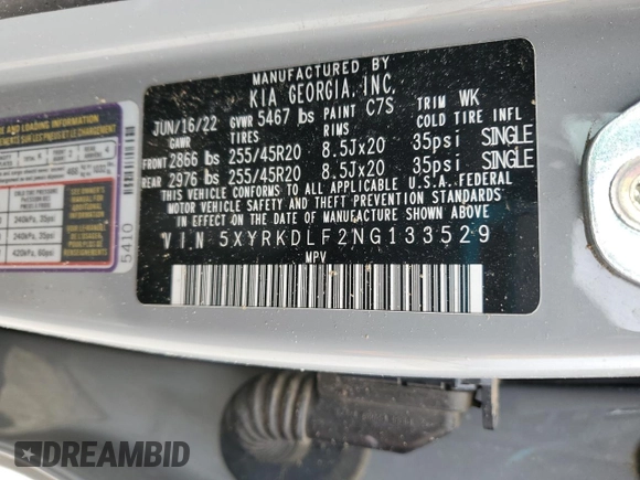 2022 Kia Sorento X-Line SX Prestige with VIN 5XYRKDLF2NG133529, listed as a Copart auction lot 48135025 with 35,674 mi miles and Salvage title. Bid and sale history available at DreamBid. Image 14.