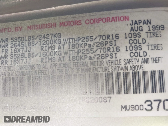 2000 Mitsubishi Montero LS z VIN JA4MT31HXYP020087, wystawiony jako IAAI lot #41540609 z przebiegiem 262 474 mil mil oraz . Historia ofert i sprzedaży dostępna na DreamBid. Obrazek 9.