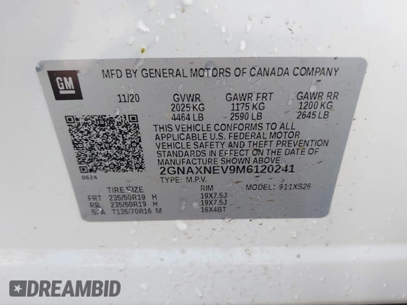 2021 Chevrolet Equinox Premier z VIN 2GNAXNEV9M6120241, wystawiony jako IAAI lot #42222928 z przebiegiem 104 274 mil mil oraz . Historia ofert i sprzedaży dostępna na DreamBid. Obrazek 9.