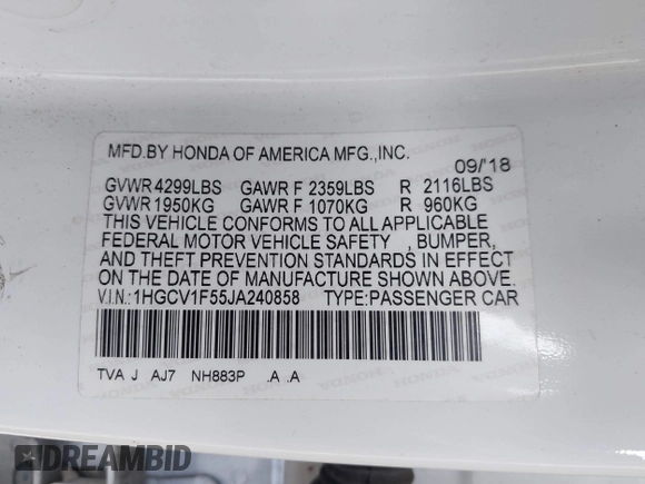 2018 Honda Accord EX-L with VIN 1HGCV1F55JA240858, listed as a IAAI auction lot 42816585 with 75,318 mi miles and . Bid and sale history available at DreamBid. Image 9.