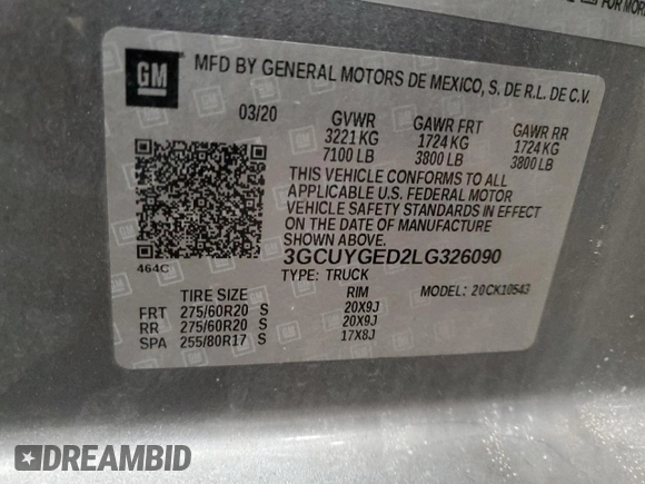 2020 Chevrolet Silverado 1500 LTZ with VIN 3GCUYGED2LG326090, listed as a Copart auction lot 47846505 with 63,277 mi miles and Salvage Title. Bid and sale history available at DreamBid. Image 12.