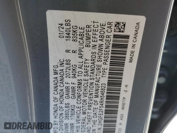 2024 Honda Civic Sport z VIN 2HGFE2F54RH546823, wystawiony jako Copart lot #54879505 z przebiegiem 35 186 mil mil oraz Nie do naprawy • Non repairable. Historia ofert i sprzedaży dostępna na DreamBid. Obrazek 13.