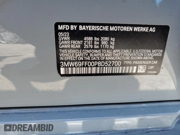 2023 BMW 3 Series 330i with VIN 3MW69FF00P8D52700, listed as a Copart auction lot 61629485 with 12,007 mi miles and Salvage title. Bid and sale history available at DreamBid. Image 12.