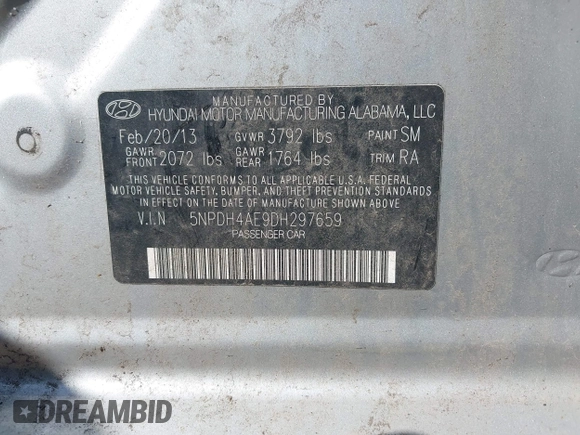 2013 Hyundai Elantra Limited with VIN 5NPDH4AE9DH297659, listed as a IAAI auction lot 42243767 with 134,162 mi miles and . Bid and sale history available at DreamBid. Image 9.