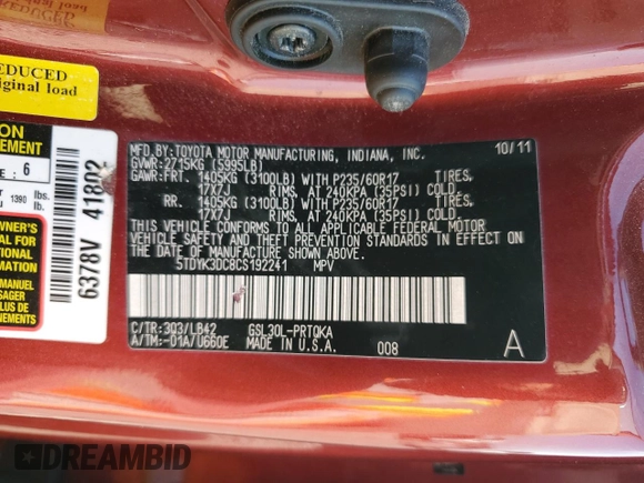 2012 Toyota Sienna XLE AAS with VIN 5TDYK3DC8CS192241, listed as a Copart auction lot 50985055 with Not provided miles and Salvage title. Bid and sale history available at DreamBid. Image 13.