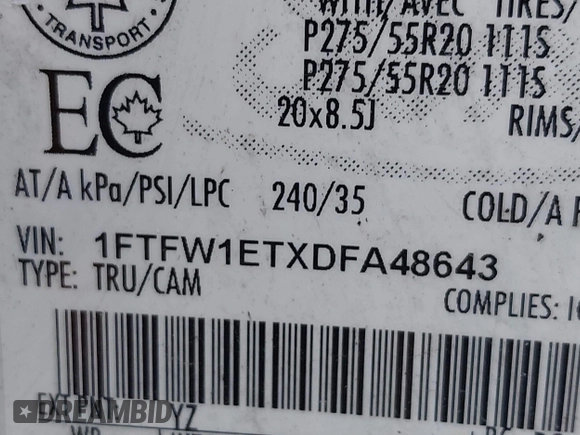 2013 Ford F-150 XL with VIN 1FTFW1ETXDFA48643, listed as a IAAI auction lot 42287016 with Not provided miles and . Bid and sale history available at DreamBid. Image 9.