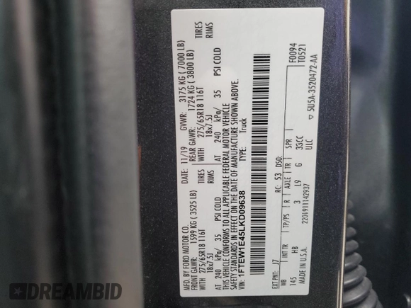 2020 Ford F-150 XL with VIN 1FTEW1E45LKD09638, listed as a Copart auction lot 43833895 with 153,048 mi miles and Salvage Title. Bid and sale history available at carsss.com. Image 14.