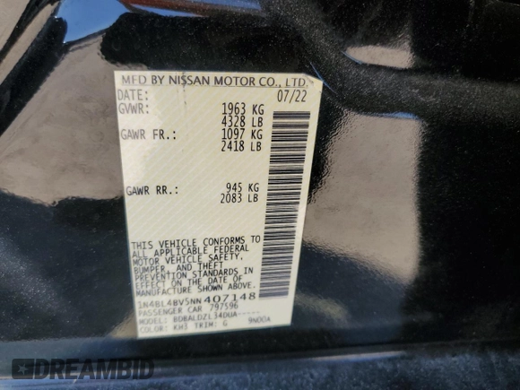 2022 Nissan Altima 2.5 S with VIN 1N4BL4BV5NN407148, listed as a Copart auction lot 49686905 with 37,109 mi miles and Salvage Title. Bid and sale history available at carsss.com. Image 12.