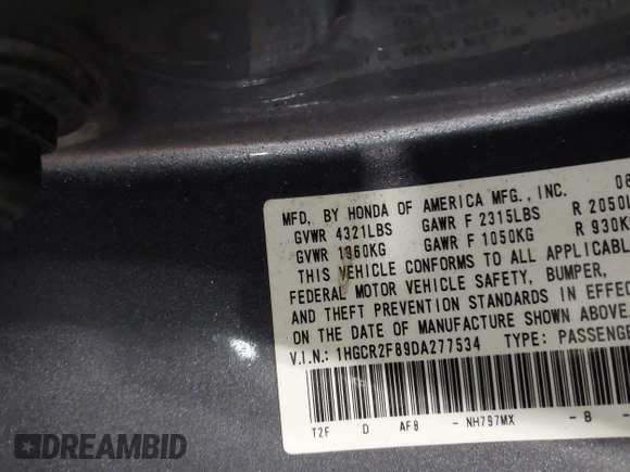 2013 Honda Accord Sdn EX-L with VIN 1HGCR2F89DA277534, listed as a IAAI auction lot 41895128 with 179,266 mi miles. Bid and sale history available at carsss.com. Image 9.
