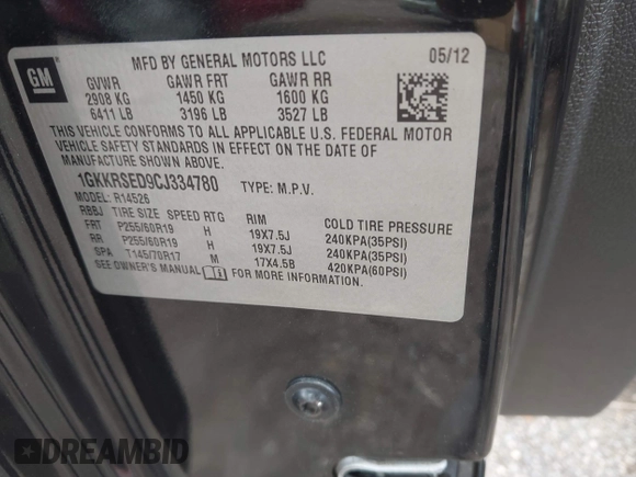 2012 GMC Acadia SLT2 with VIN 1GKKRSED9CJ334780, listed as a IAAI auction lot 42354952 with 145,273 mi miles and . Bid and sale history available at DreamBid. Image 9.