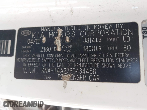 2011 Kia Forte LX with VIN KNAFT4A27B5434458, listed as a IAAI auction lot 41269635 with 238,721 mi miles. Bid and sale history available at carsss.com. Image 9.