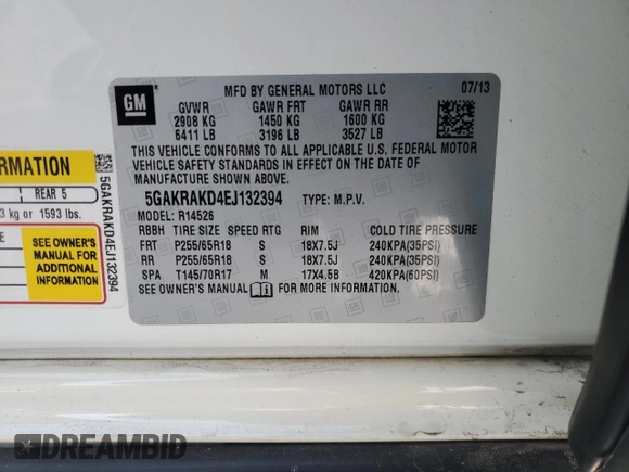2014 Buick Enclave Convenience with VIN 5GAKRAKD4EJ132394, listed as a Copart auction lot 87743595 with 142,589 mi miles and Salvage Title. Bid and sale history available at carsss.com. Image 14.