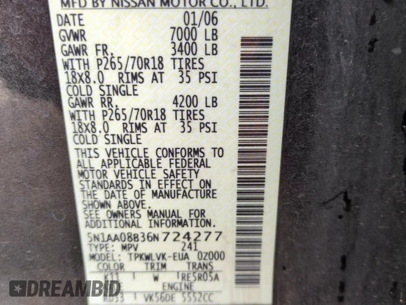 2006 Nissan Armada LE z VIN 5N1AA08B36N724277, wystawiony jako Copart lot #52824475 z przebiegiem 198 892 mil mil oraz Szkoda całkowita • Salvage title. Historia ofert i sprzedaży dostępna na DreamBid. Obrazek 13.