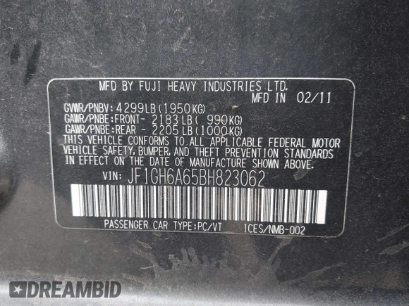 2011 Subaru Impreza 2.5i с VIN JF1GH6A65BH823062, выставлен на аукционе IAAI как лот 42077866 с пробегом 147 084 миль миль и . История ставок и продаж доступна на DreamBid. Изображение 9.