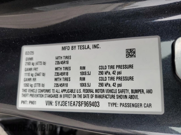 2025 Tesla Model 3 Long Range with VIN 5YJ3E1EA7SF969403, listed as a Copart auction lot 55348185 with 2,613 mi miles and Salvage title. Bid and sale history available at DreamBid. Image 12.