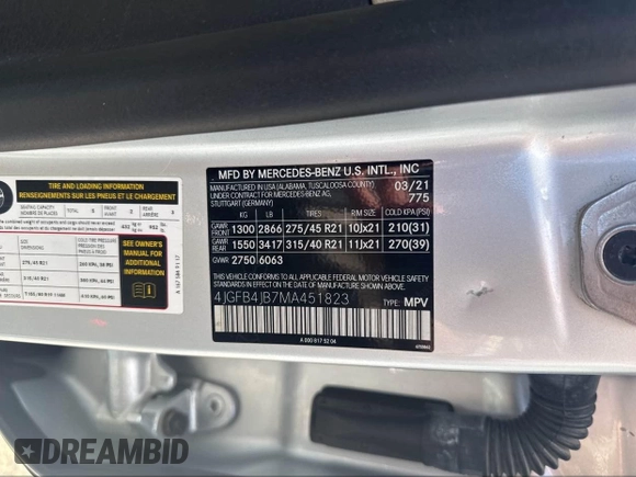 2021 Mercedes-Benz GLE 350 with VIN 4JGFB4JB7MA451823, listed as a IAAI auction lot 42409385 with 91,878 mi miles and . Bid and sale history available at DreamBid. Image 9.