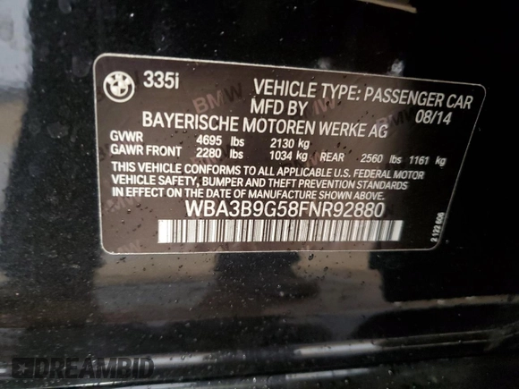 2015 BMW 3 Series 335i xDrive with VIN WBA3B9G58FNR92880, listed as a Copart auction lot 48410535 with 43,610 mi miles and Salvage Title. Bid and sale history available at carsss.com. Image 12.