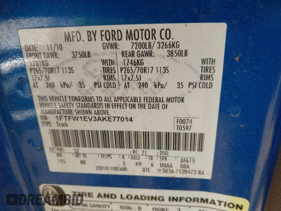 2010 Ford F-150 XL with VIN 1FTFW1EV3AKE77014, listed as a IAAI auction lot 41751214 with 257,170 mi miles. Bid and sale history available at carsss.com. Image 9.