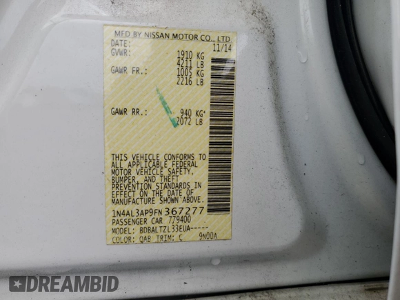 2015 Nissan Altima SL with VIN 1N4AL3AP9FN367277, listed as a Copart auction lot 60345345 with 92,590 mi miles and Salvage title. Bid and sale history available at DreamBid. Image 13.