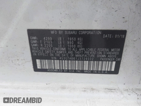 2018 Subaru Impreza Premium with VIN 4S3GTAB61J3729332, listed as a IAAI auction lot 41696550 with 85,035 mi miles. Bid and sale history available at carsss.com. Image 9.